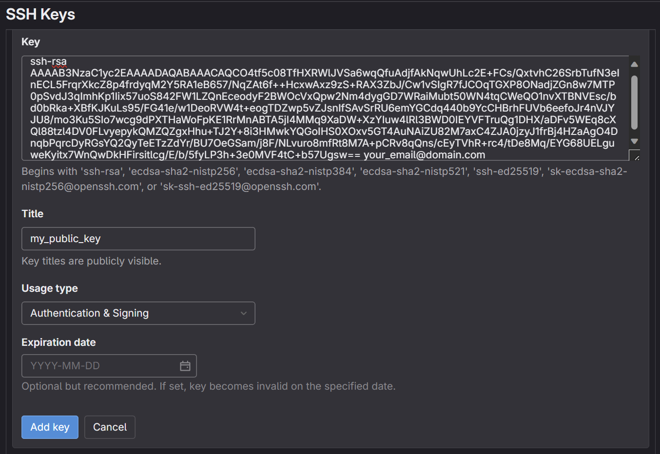 GitLab add new ssh key page